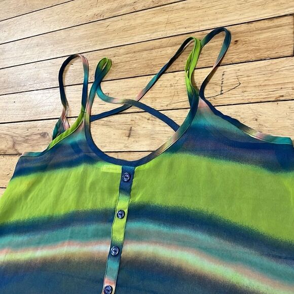 SOPRANO Green Blue Sheer Criss Cross Strap Camisole Colorful Stripe Button S Y2k - Picture 2 of 11